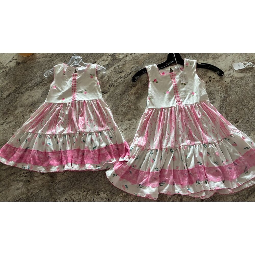 Adorable Pink Floral Tiered Lace Trim Girls Dress Vintage Inspired